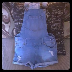 Distressed overall shorts
